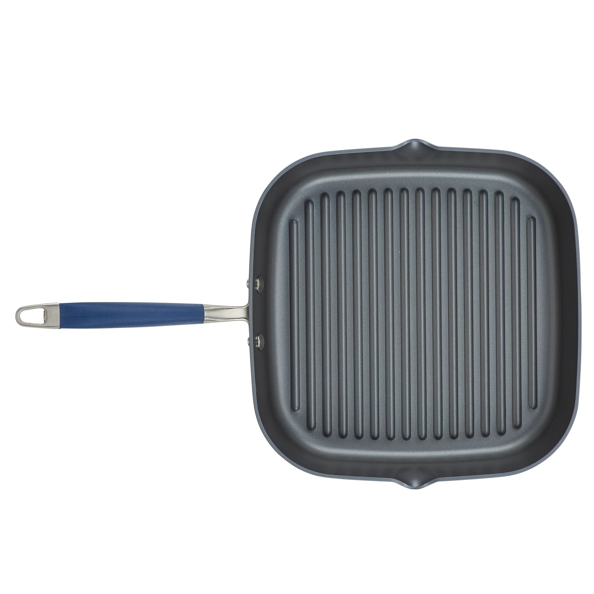 An 11-Inch Deep Square Grill Pan by Advanced Home, featuring a nonstick, ridged cooking surface and a long blue handle.