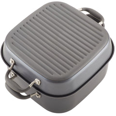 Introducing the Square Two Step Meal Set from Advanced Home: a gray square grill pan featuring a ridged surface, two sturdy handles, and a closed lid for optimal stovetop grilling. With its nonstick performance, this versatile piece is part of a stove-to-oven ready cookware set perfect for all your culinary adventures.