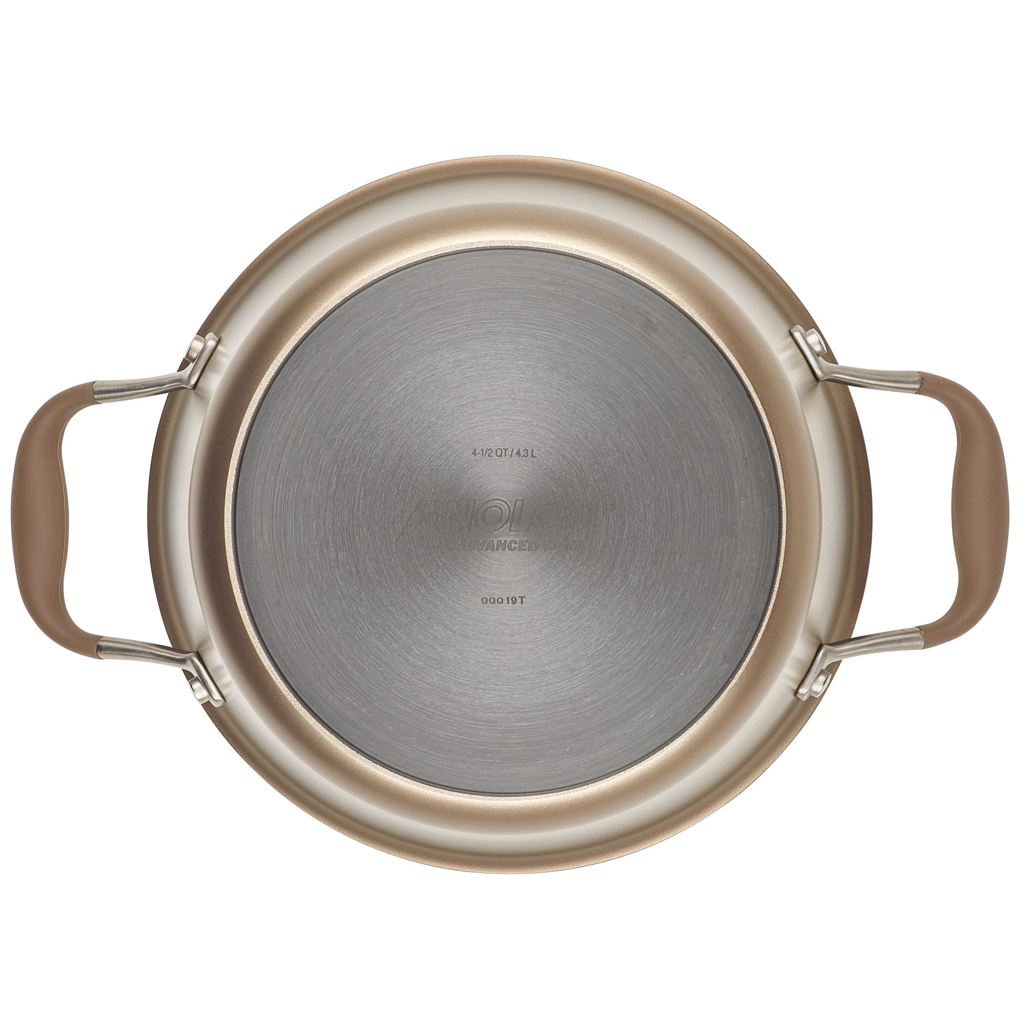 A top view of the Advanced Home 4.5-Quart Tapered Saucepot in stainless steel, featuring two brown ergonomic handles on either side. The brushed metal finish on the pot's bottom is visible, complete with engraved text. Expertly designed for gourmet sauce-making, this saucepot ensures an ergonomic grip with its curved handles.