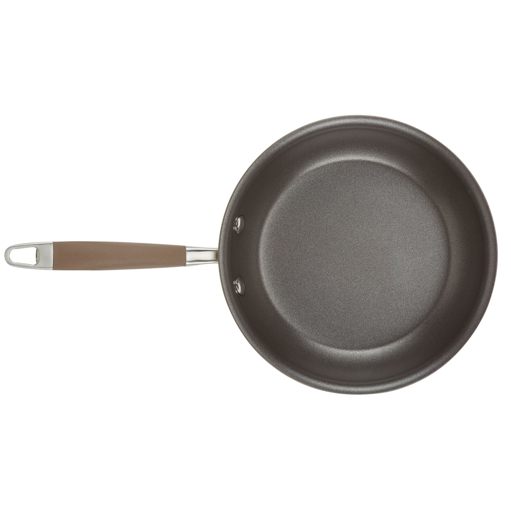 An essential piece from the Advanced Home 11-Piece Cookware Set, crafted from hard anodized aluminum and featuring a brown handle with metal rivets and a hanging hole, is viewed from above. This non-stick frying pan showcases a smooth, dark interior surface.