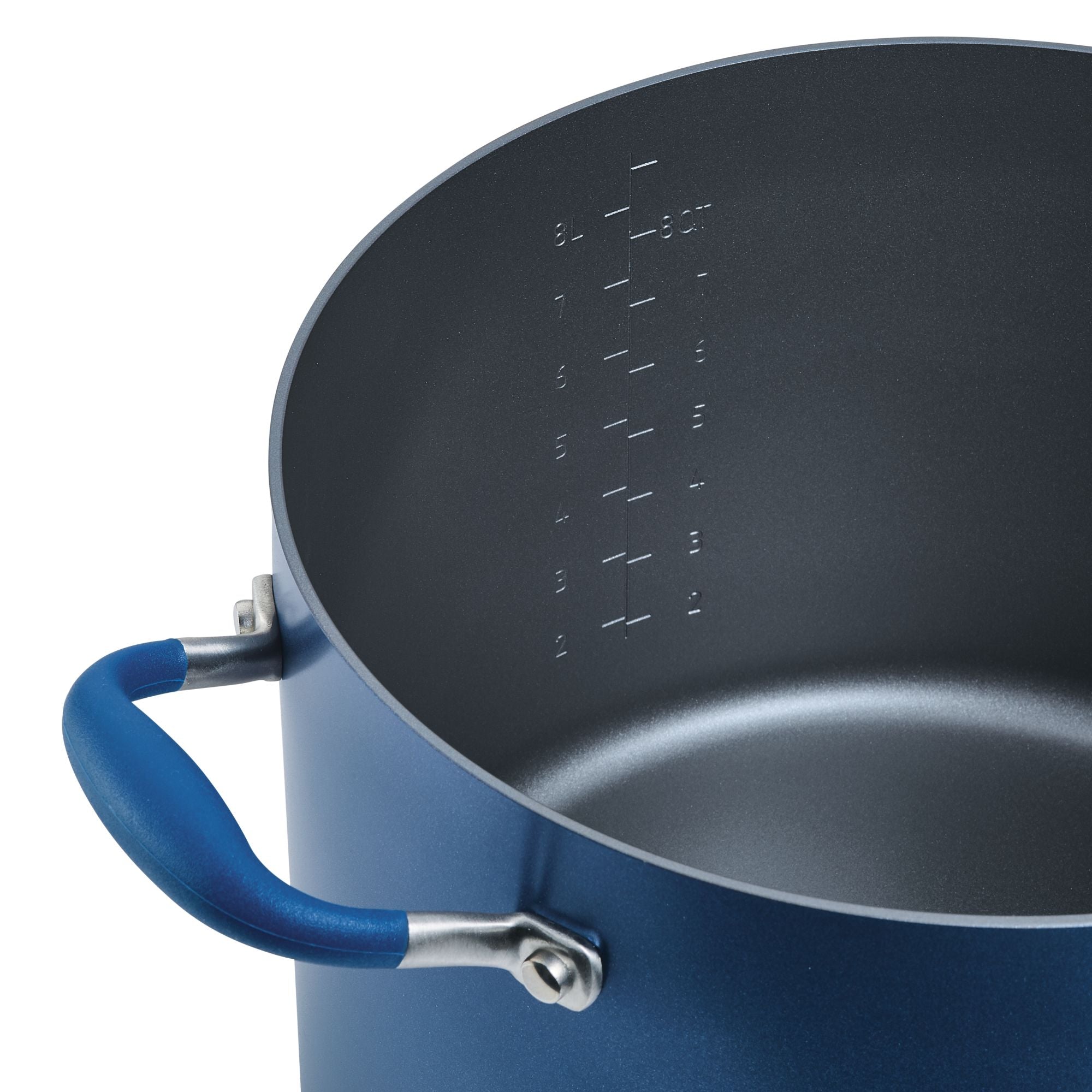 The 10-Quart Stockpot by Advanced Home is a spacious blue pot with measurement markings on the inside, allowing you to measure both quarts and liters. It features a handle secured with metallic connectors, and its nonstick interior ensures even heat distribution.