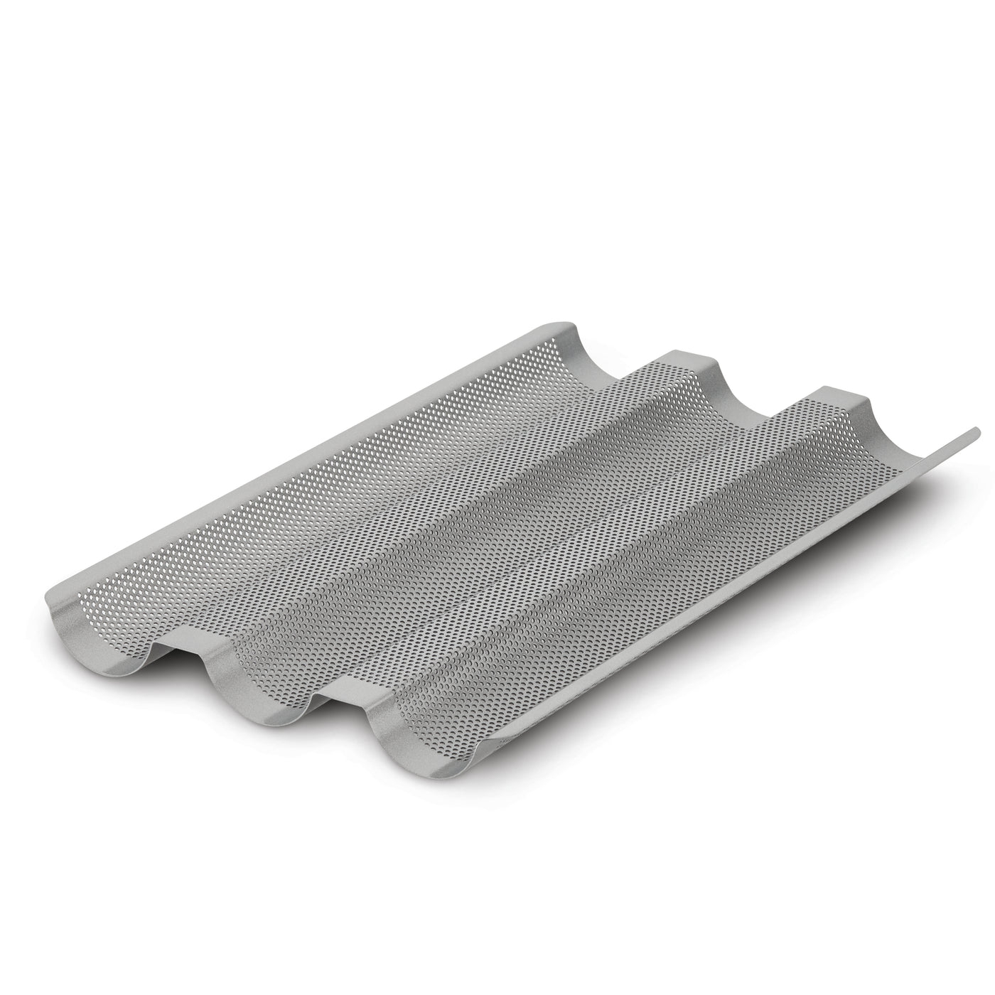 The Advanced Three Channel Baguette Tray is a silver, nonstick pan featuring three curved grooves that optimize airflow for even baking. Made from heavy gauge steel, its slightly reflective surface ensures enhanced durability and delivers the perfect bake each time.