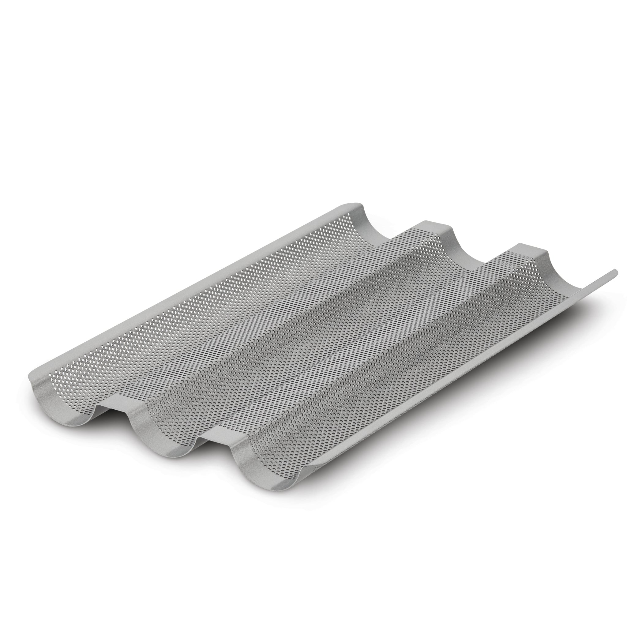 The Advanced Three Channel Baguette Tray is a silver, nonstick pan featuring three curved grooves that optimize airflow for even baking. Made from heavy gauge steel, its slightly reflective surface ensures enhanced durability and delivers the perfect bake each time.