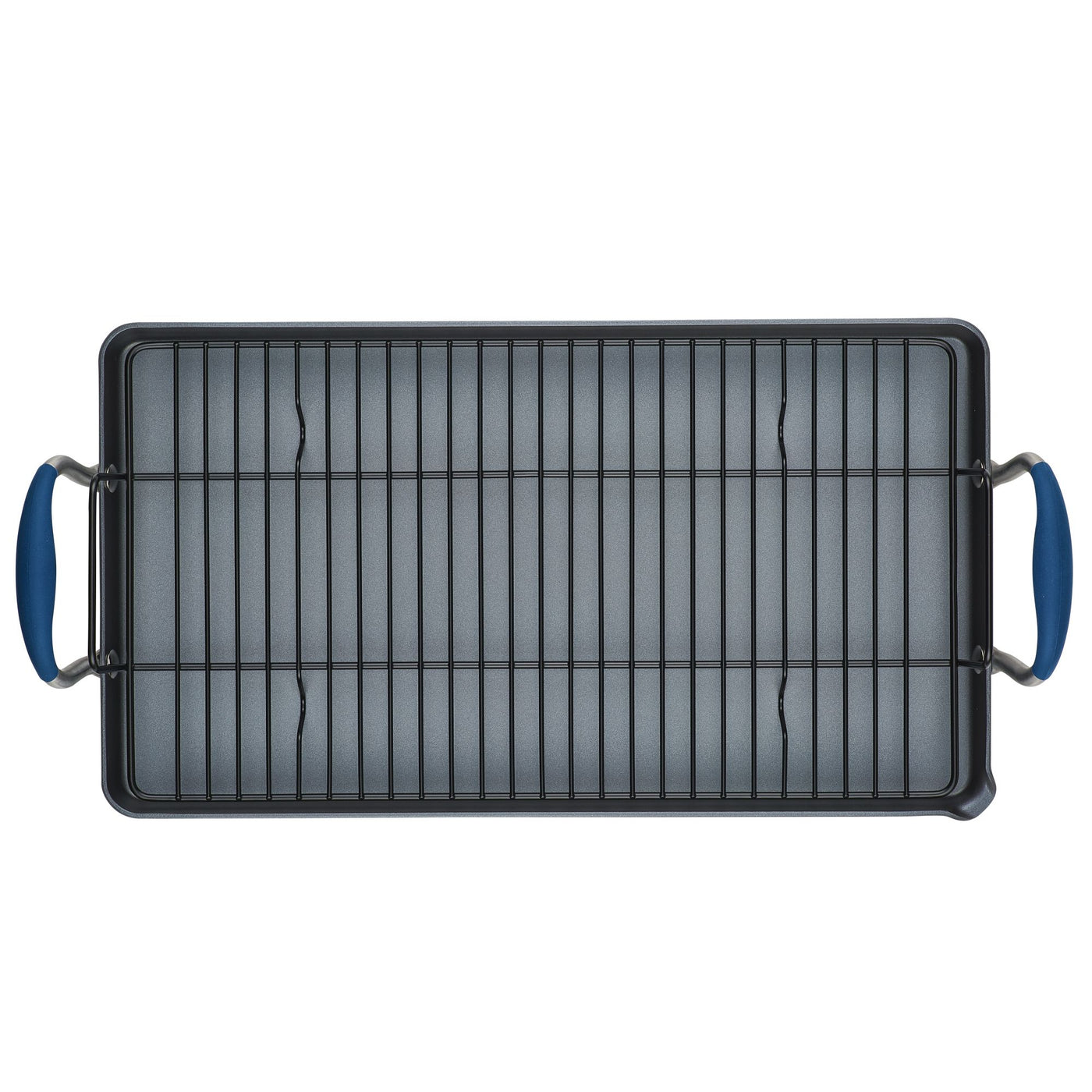 An Advanced Home 10 x 18-Inch Double Burner Griddle with a multi-purpose rack and two blue SureGrip handles is seen from above against a white background.