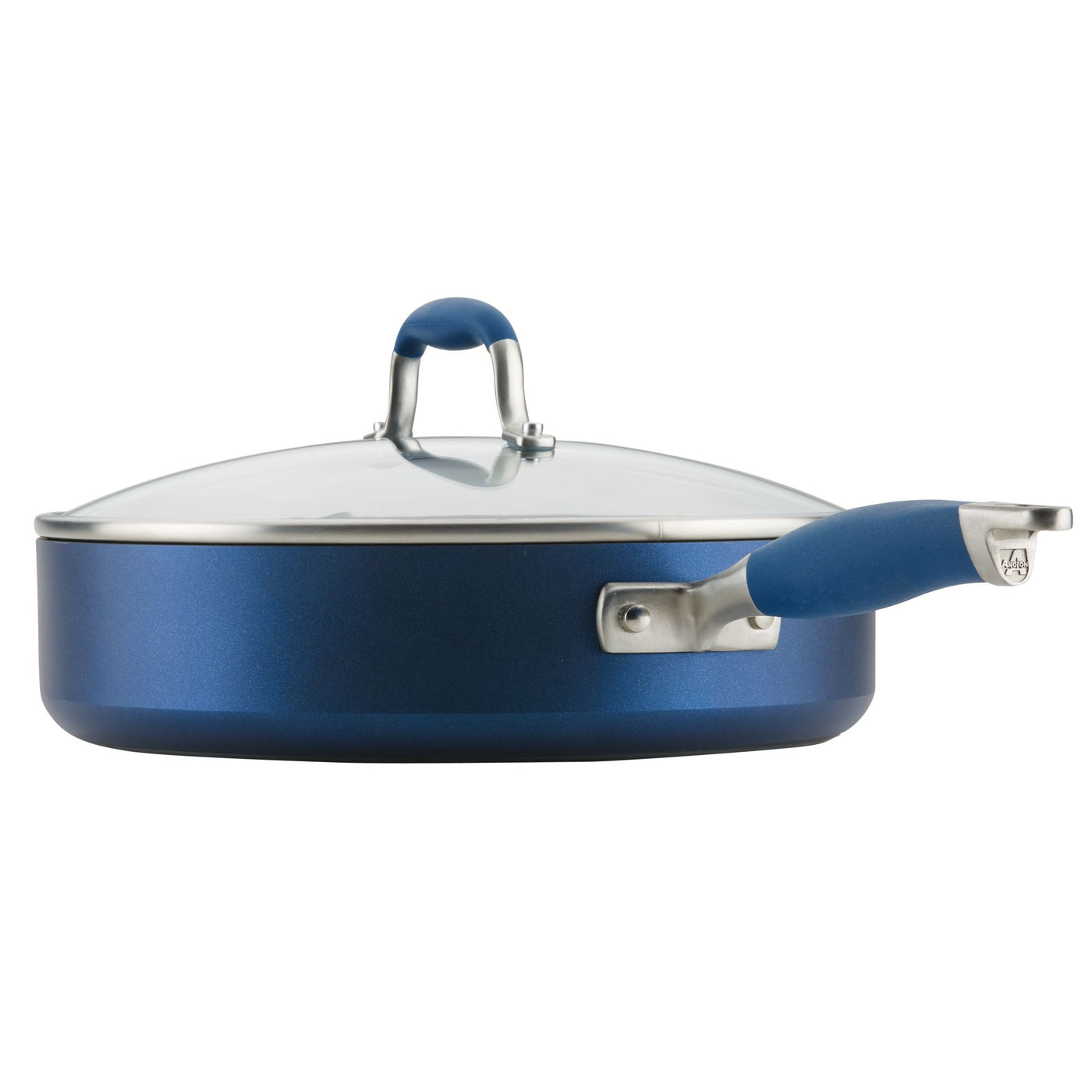 An elegantly displayed side view on a white background showcases the 5-Quart Sauté Pan with Helper Handle, featuring a blue nonstick surface, a glass lid, and stainless steel handles from the Advanced Home brand.