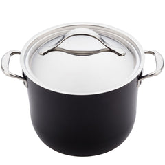 Experience the durability and kitchen-enhancing performance of the Nouvelle Luxe 11-Piece Cookware Set, featuring a large black cooking pot crafted from hard-anodized aluminum. Its smooth, sturdy surface includes curved handles on both sides for easy handling and a shiny metal lid with a sleek handle for effortless lifting.