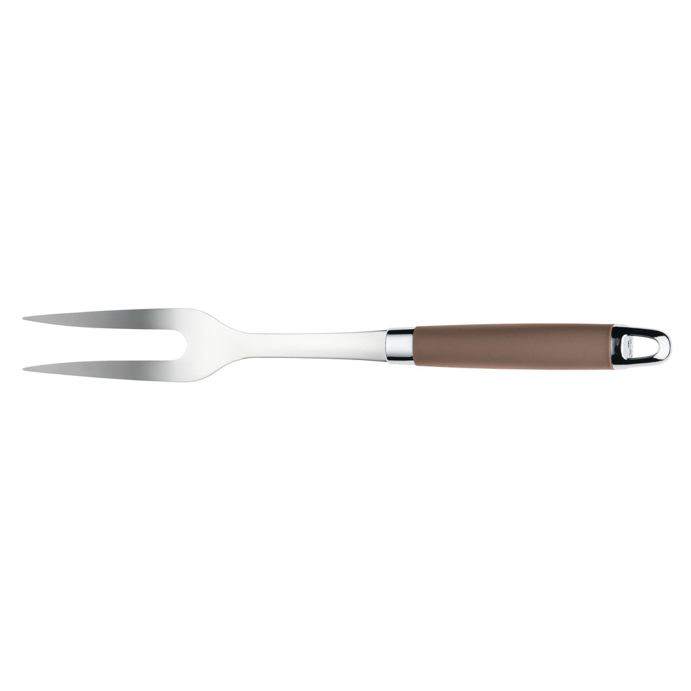 The SureGrip Meat Fork by Tools and Gadgets, featuring two prongs and a brown handle, lies elegantly on a white background, making it perfect for carving and serving.