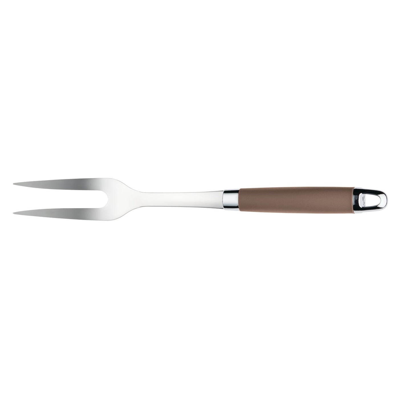 The SureGrip Meat Fork by Tools and Gadgets, featuring two prongs and a brown handle, lies elegantly on a white background, making it perfect for carving and serving.