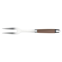 The SureGrip Meat Fork by Tools and Gadgets, featuring two prongs and a brown handle, lies elegantly on a white background, making it perfect for carving and serving.