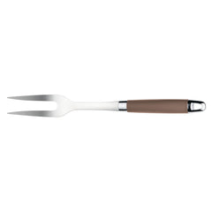 The SureGrip Meat Fork by Tools and Gadgets, featuring two prongs and a brown handle, lies elegantly on a white background, making it perfect for carving and serving.