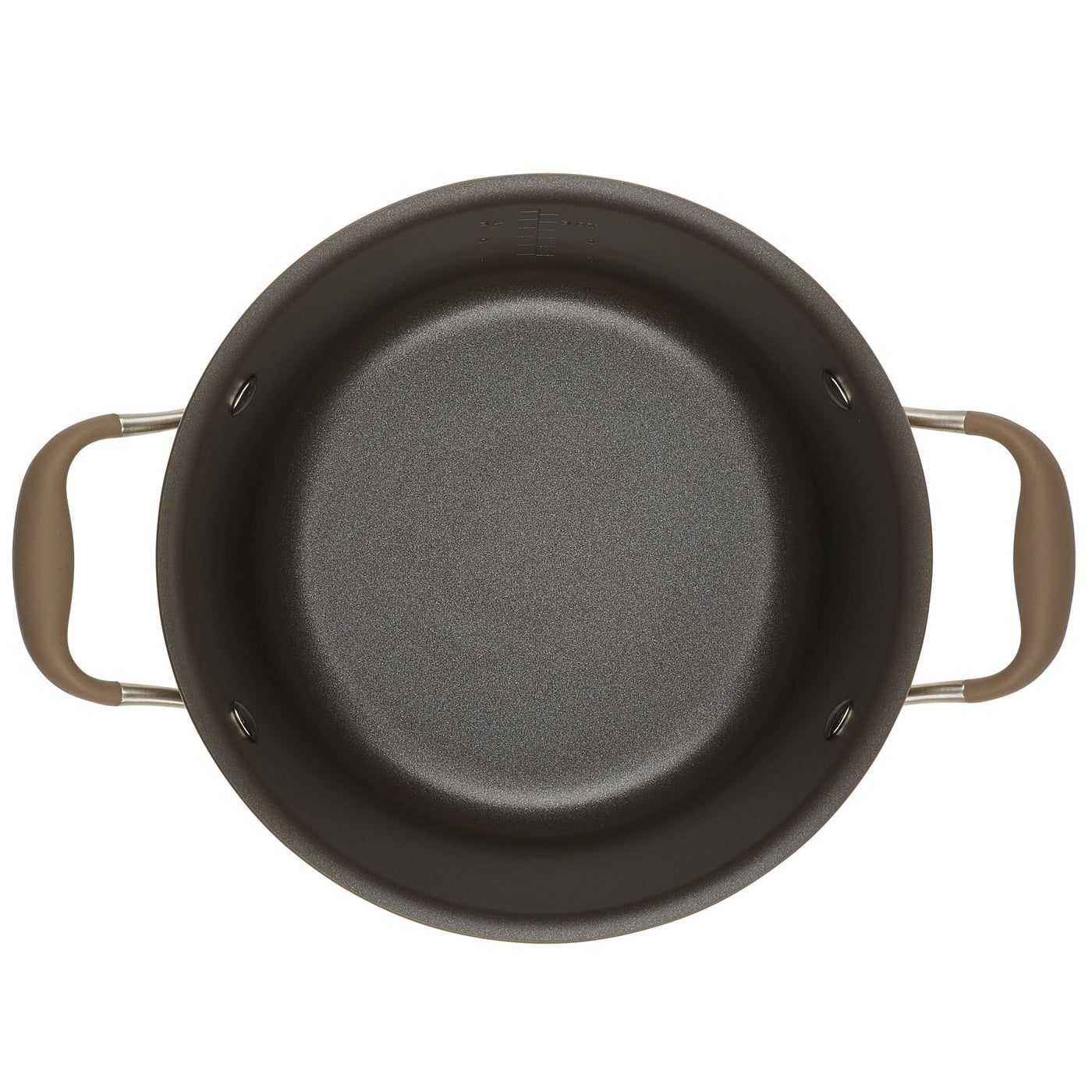 A top view of the Advanced Home 4.5-Quart Tapered Saucepot, featuring a nonstick round design with dark-colored exteriors and brown handles on each side. Its smooth interior surface is perfect for gourmet sauce-making and expertly crafted for stovetop cooking.
