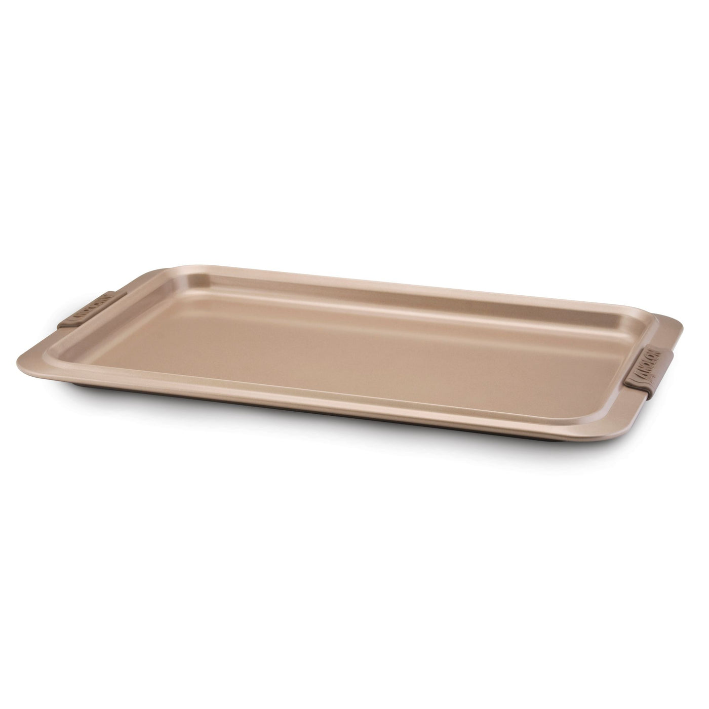 A rectangular Cookie Sheet with Silicone Grips by Advanced, featuring a light brown nonstick surface designed for even heat distribution, includes raised edges and silicone grips on both sides, set against a plain white background.