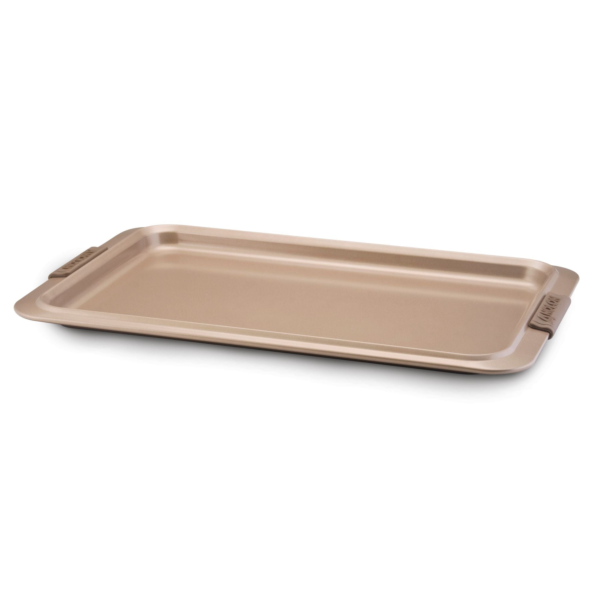 A rectangular Cookie Sheet with Silicone Grips by Advanced, featuring a light brown nonstick surface designed for even heat distribution, includes raised edges and silicone grips on both sides, set against a plain white background.