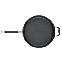 The Advanced Home 5-Quart Sauté Pan, available in a sleek black finish, comes with a long handle and a smaller helper handle to enhance your cooking experience. Its versatile design is showcased from above against a white background, though it does not come with the glass lid.