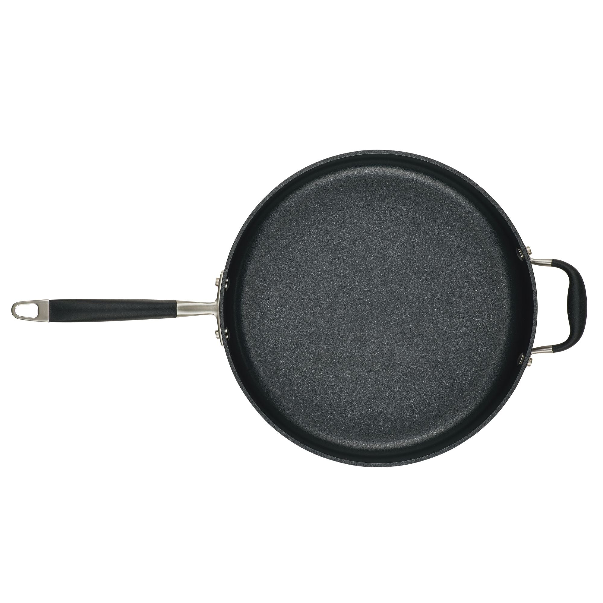 The Advanced Home 5-Quart Sauté Pan, available in a sleek black finish, comes with a long handle and a smaller helper handle to enhance your cooking experience. Its versatile design is showcased from above against a white background, though it does not come with the glass lid.