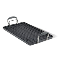 The Advanced Home 10 x 18-Inch Double Burner Griddle with Multi-Purpose Rack features SureGrip handles on both ends and is displayed on a white background.