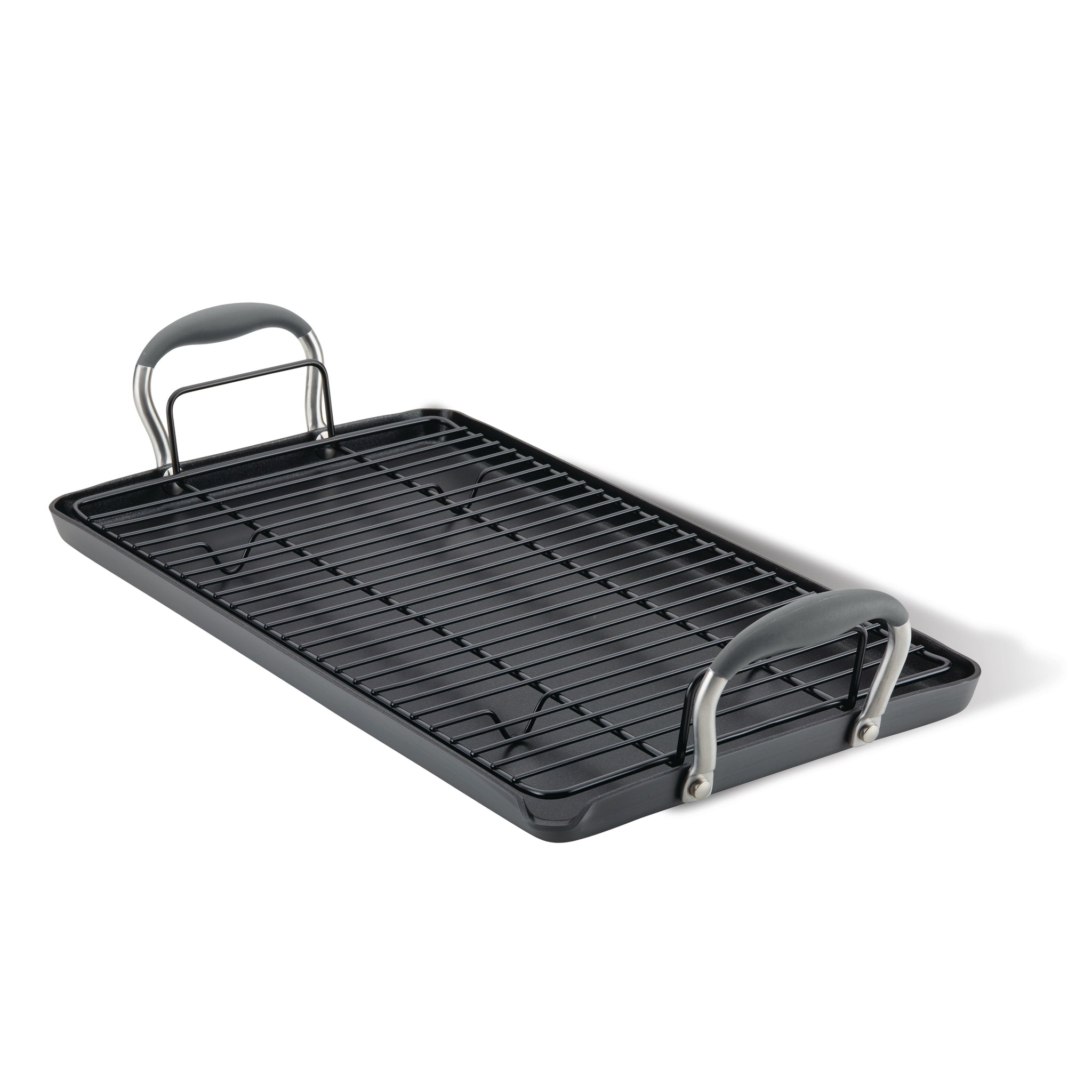 The Advanced Home 10 x 18-Inch Double Burner Griddle with Multi-Purpose Rack features SureGrip handles on both ends and is displayed on a white background.
