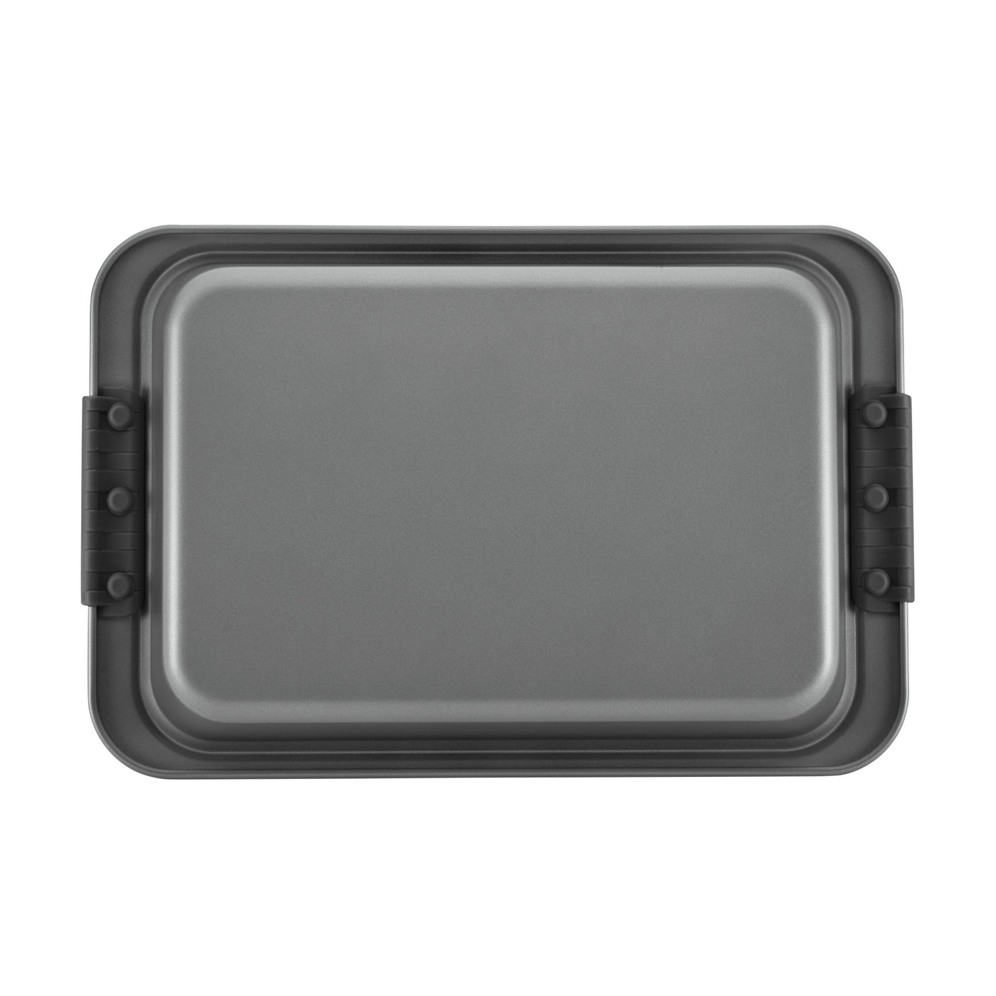 The Advanced 9 x 13-Inch Cake Pan with Lid is a rectangular nonstick bake pan, featuring raised edges and black handles on each side, shown from above against a white background.