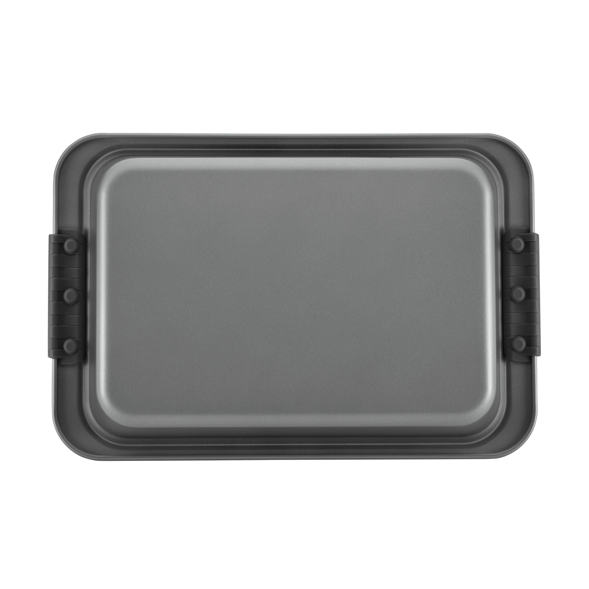 The Advanced 9 x 13-Inch Cake Pan with Lid is a rectangular nonstick bake pan, featuring raised edges and black handles on each side, shown from above against a white background.