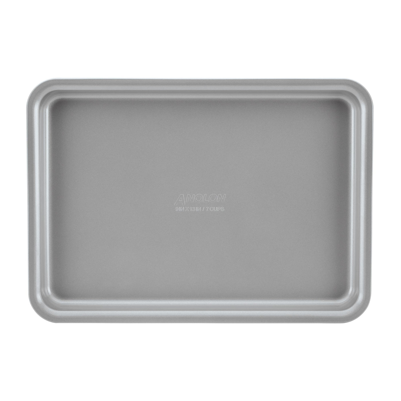 The 3-Piece Gourmet Cookie Pan Set, in an elegant gray tone by Gourmet, is ideal for homemade cookies with its rectangular design featuring raised edges on all sides. Its nonstick surface is showcased from above against a white background.