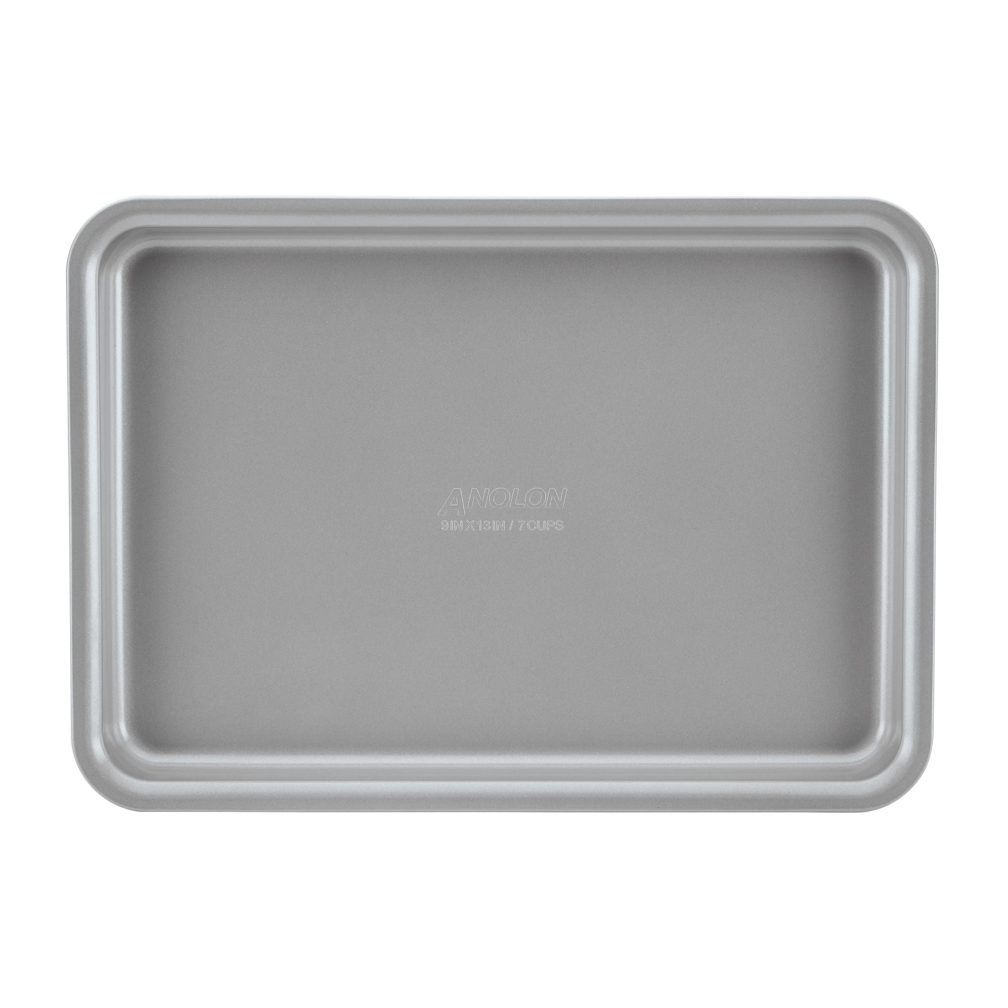 The 3-Piece Gourmet Cookie Pan Set, in an elegant gray tone by Gourmet, is ideal for homemade cookies with its rectangular design featuring raised edges on all sides. Its nonstick surface is showcased from above against a white background.