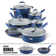 Introducing the Anolon 11-Piece Cookware Set with Bonus, designed in a stylish blue finish. This set includes nonstick pots with lids, saucepans, a large pot, a frying pan, and a sauteuse. Crafted from hard anodized aluminum for exceptional durability, each piece is accented with blue and silver handles. The set also features a bonus frying pan and sauteuse elegantly displayed at the bottom.