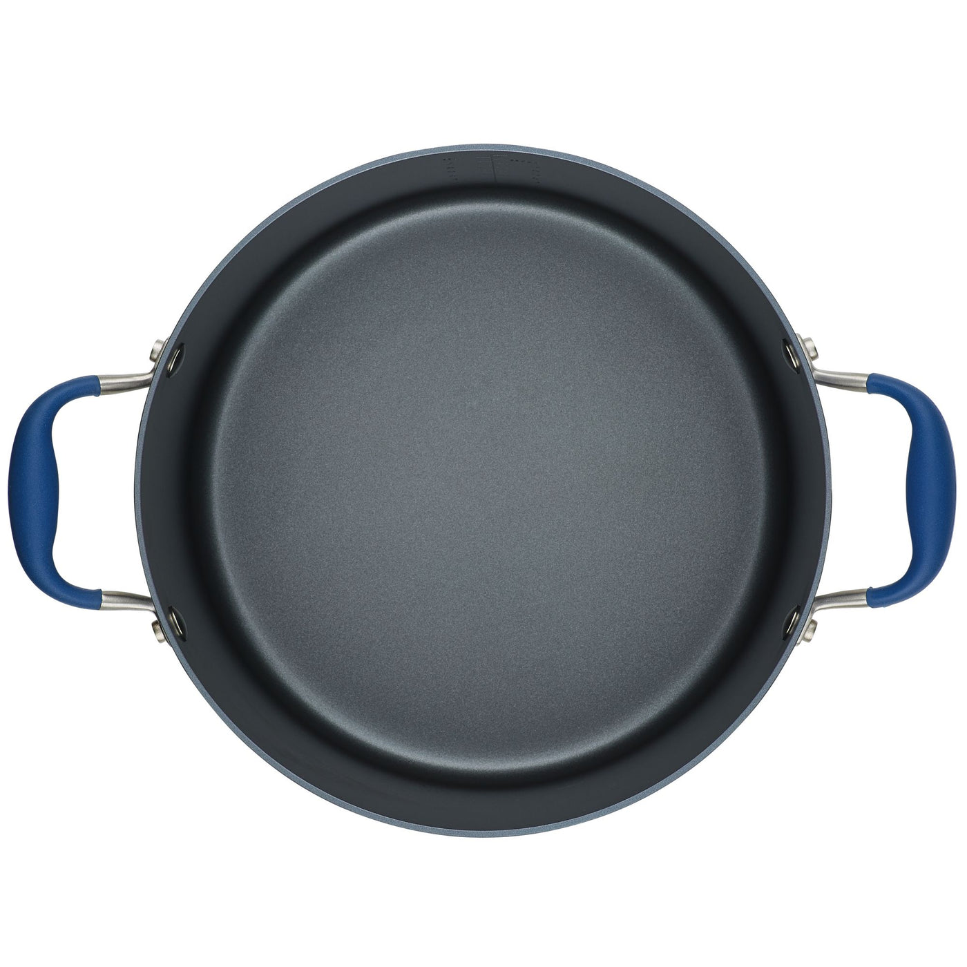 A top-down view of the 10-Quart Stockpot by Advanced Home highlights its smooth, dark surface and gray exterior, complemented by blue handles on both sides. The sturdy design ensures excellent heat distribution throughout the stockpot.