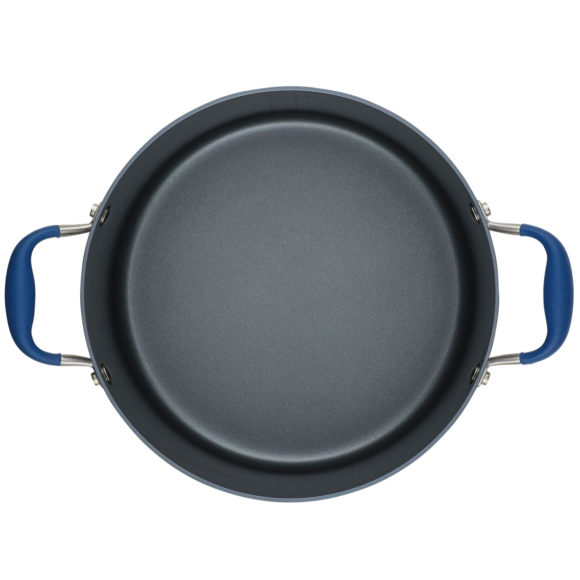 A top-down view of the 10-Quart Stockpot by Advanced Home highlights its smooth, dark surface and gray exterior, complemented by blue handles on both sides. The sturdy design ensures excellent heat distribution throughout the stockpot.