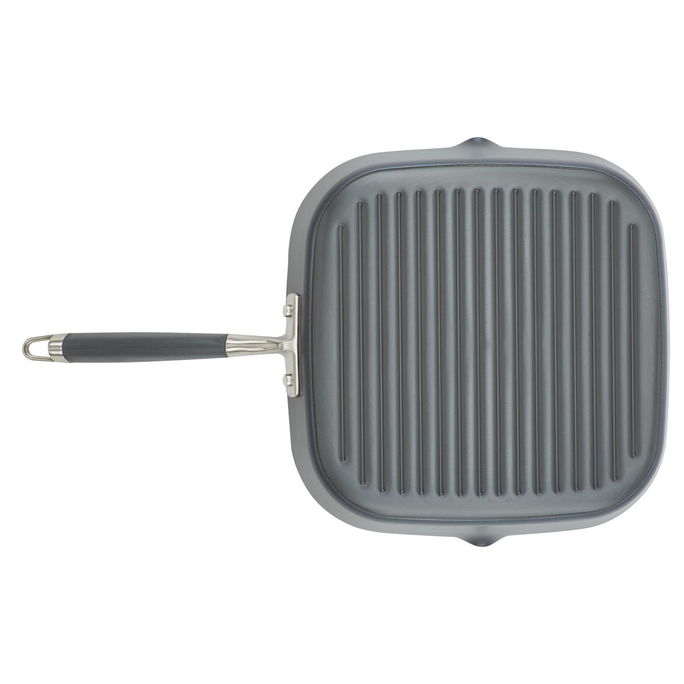 The image displays the Advanced Home 11-Inch Deep Square Grill Pan, featuring a gray color and ridges. It includes a nonstick finish, riveted black handle, and pouring spouts on two sides, all seen from a top-down perspective against a white background.