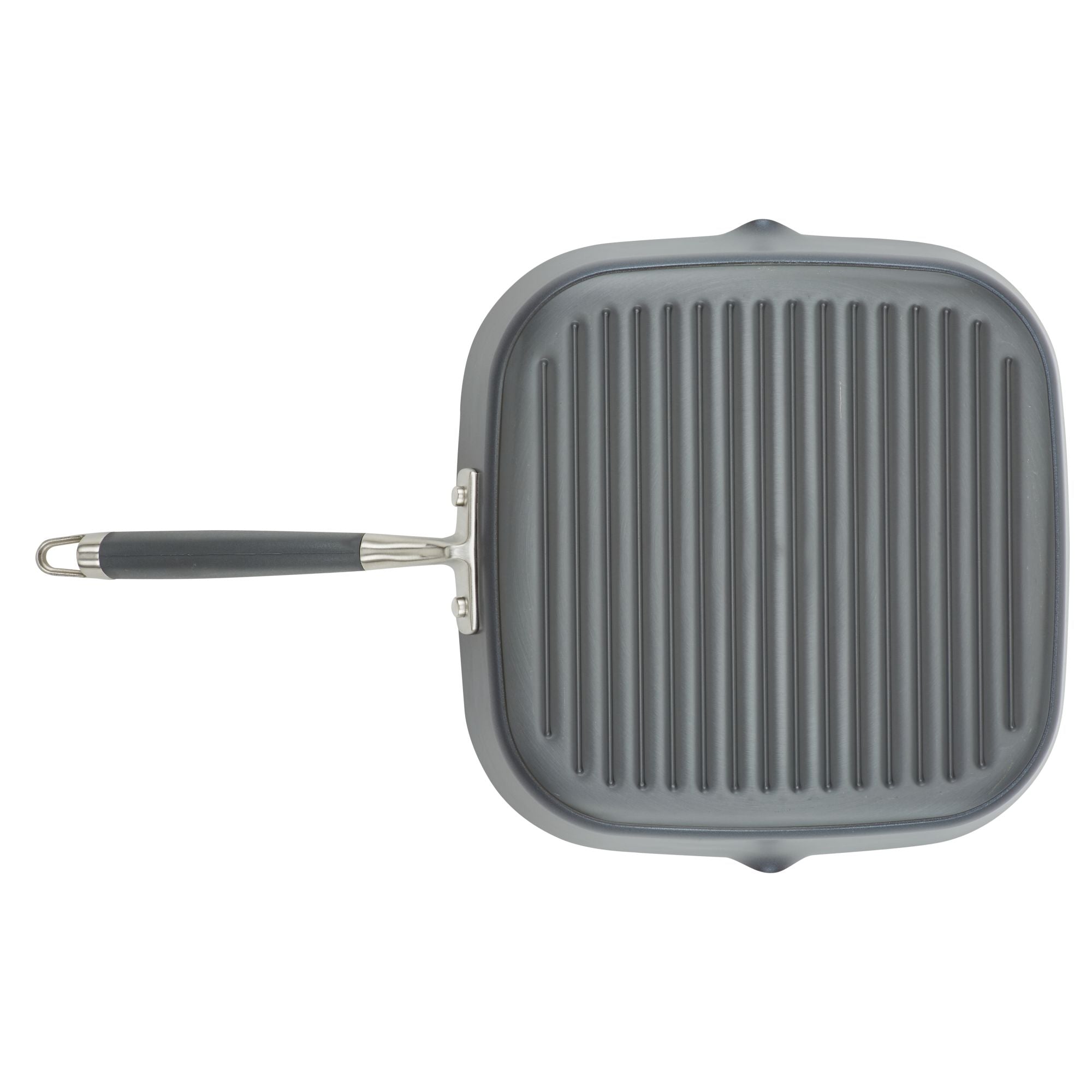 The image displays the Advanced Home 11-Inch Deep Square Grill Pan, featuring a gray color and ridges. It includes a nonstick finish, riveted black handle, and pouring spouts on two sides, all seen from a top-down perspective against a white background.
