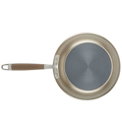 Showcasing a key piece from the 11-Piece Cookware Set by Advanced Home, this frying pan features a gray nonstick interior and a durable hard anodized aluminum exterior. It is designed with a long handle complemented by an elegant brown grip, all displayed against a striking white background.