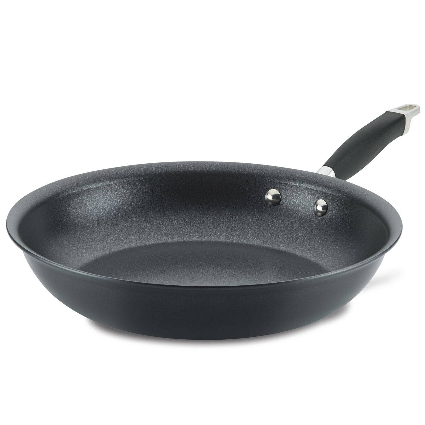 The Frying Pan by Advanced Home showcases a sleek black nonstick surface with silver rivets. Its long black handle, elegantly capped with a metal end, combines style and functionality. This cookware piece rests beautifully on a white background, ready to enhance your cooking experience.