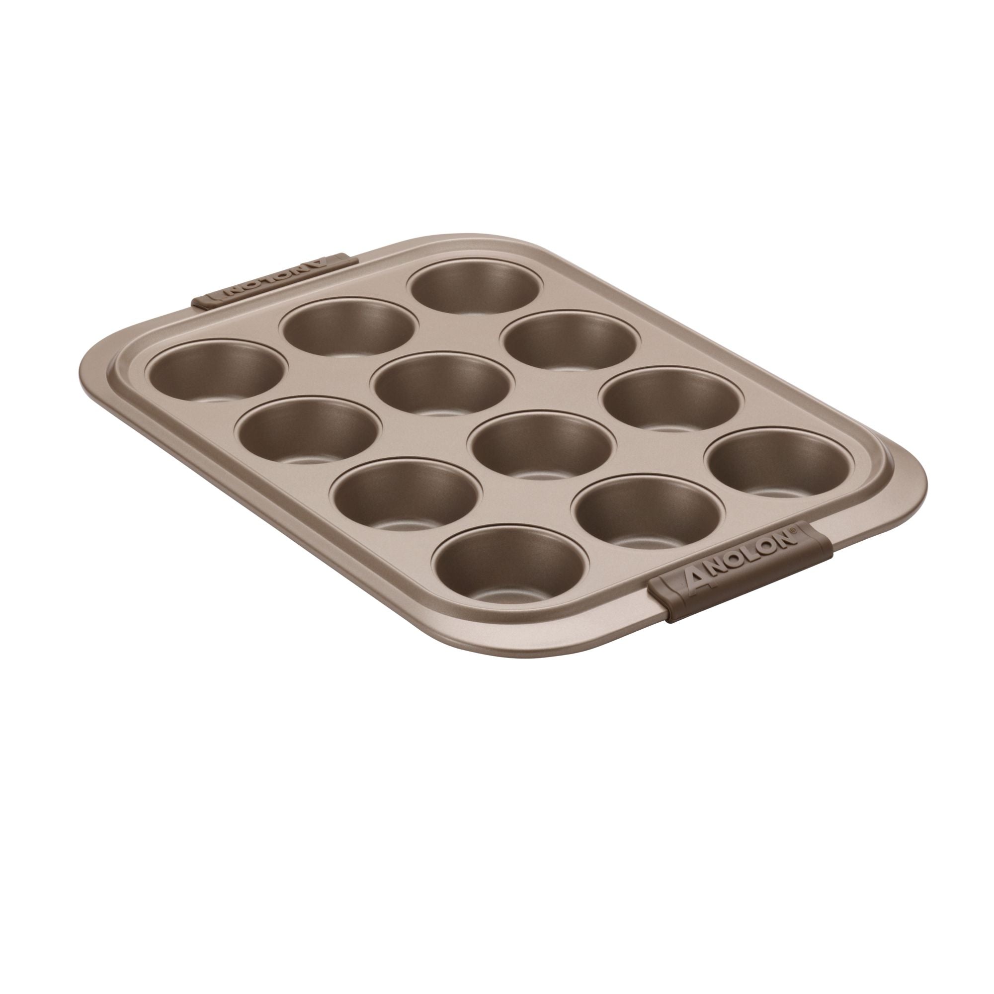 The Advanced Muffin Pan with Lid, made from heavy gauge steel construction and featuring twelve cups, is ideal for baking cupcakes or muffins. Its sleek surface guarantees easy release of your baked creations. The pan is beautifully presented against a white background.