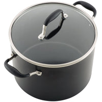 The Advanced Home 10-Quart Stockpot, featuring a wide black design with a stainless steel rim and dual side handles, ensures even heat distribution. Its nonstick surface pairs perfectly with the glass lid equipped with a black handle, making it an essential addition to any kitchen.