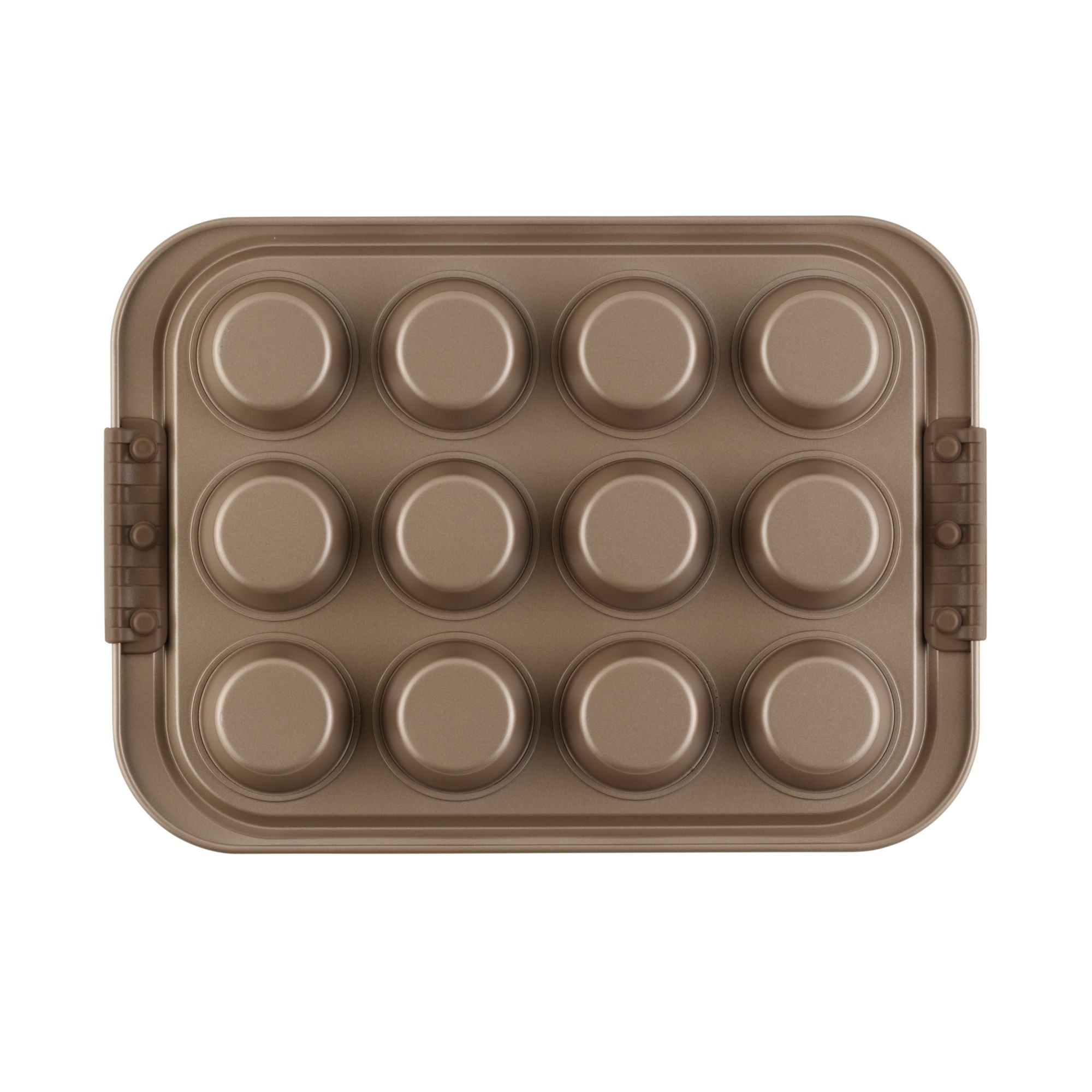 Introducing the Advanced Muffin Pan with Lid: a rectangular metallic pan expertly constructed from heavy gauge steel. It features twelve nonstick molds and two side handles, ideal for baking muffins or cupcakes. This nonstick muffin pan is displayed on a pristine white background.