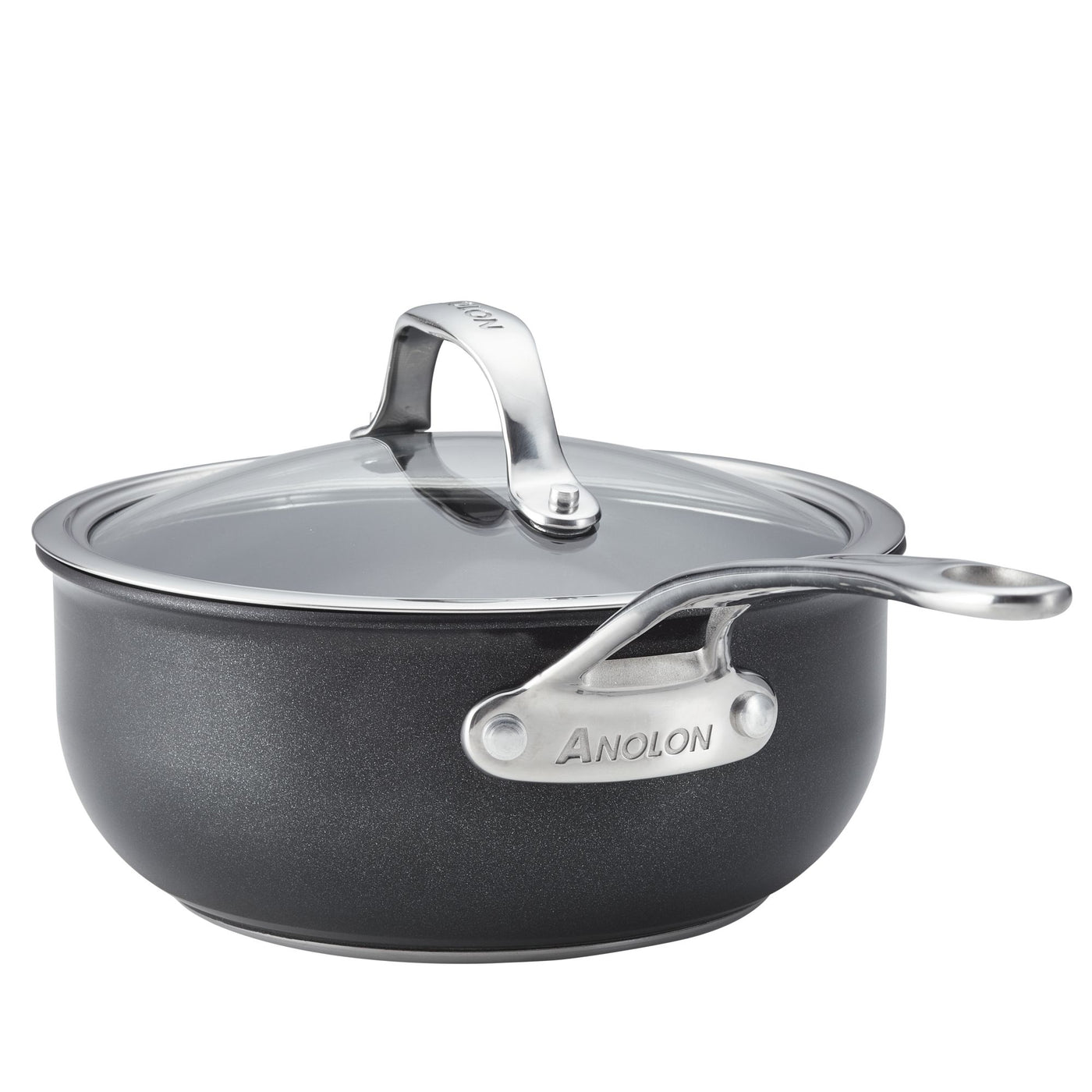 The Anolon X 2.5-Quart Hybrid Nonstick Saucier Pan boasts a black finish with a glass lid and stainless steel handle. The lids metal handle enhances its elegance, all set on a white background.