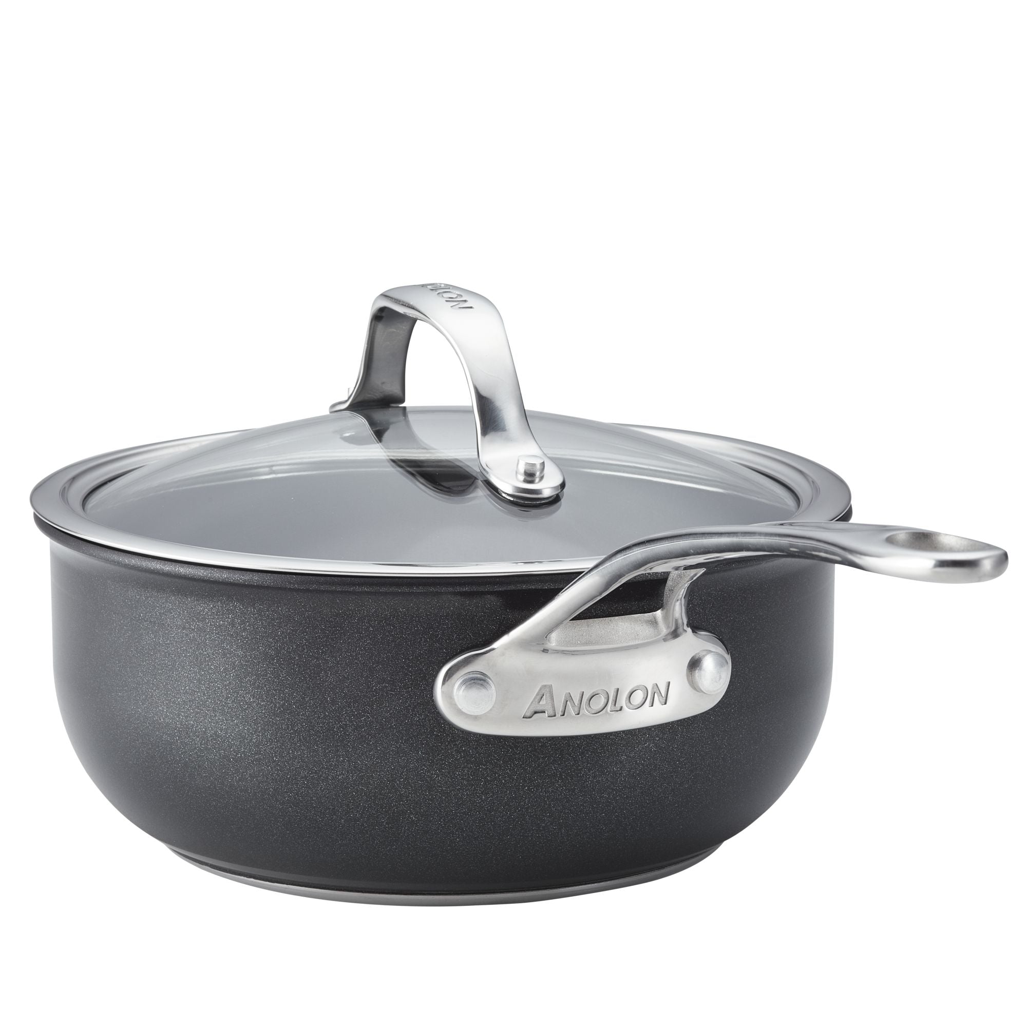 The Anolon X 2.5-Quart Hybrid Nonstick Saucier Pan boasts a black finish with a glass lid and stainless steel handle. The lids metal handle enhances its elegance, all set on a white background.
