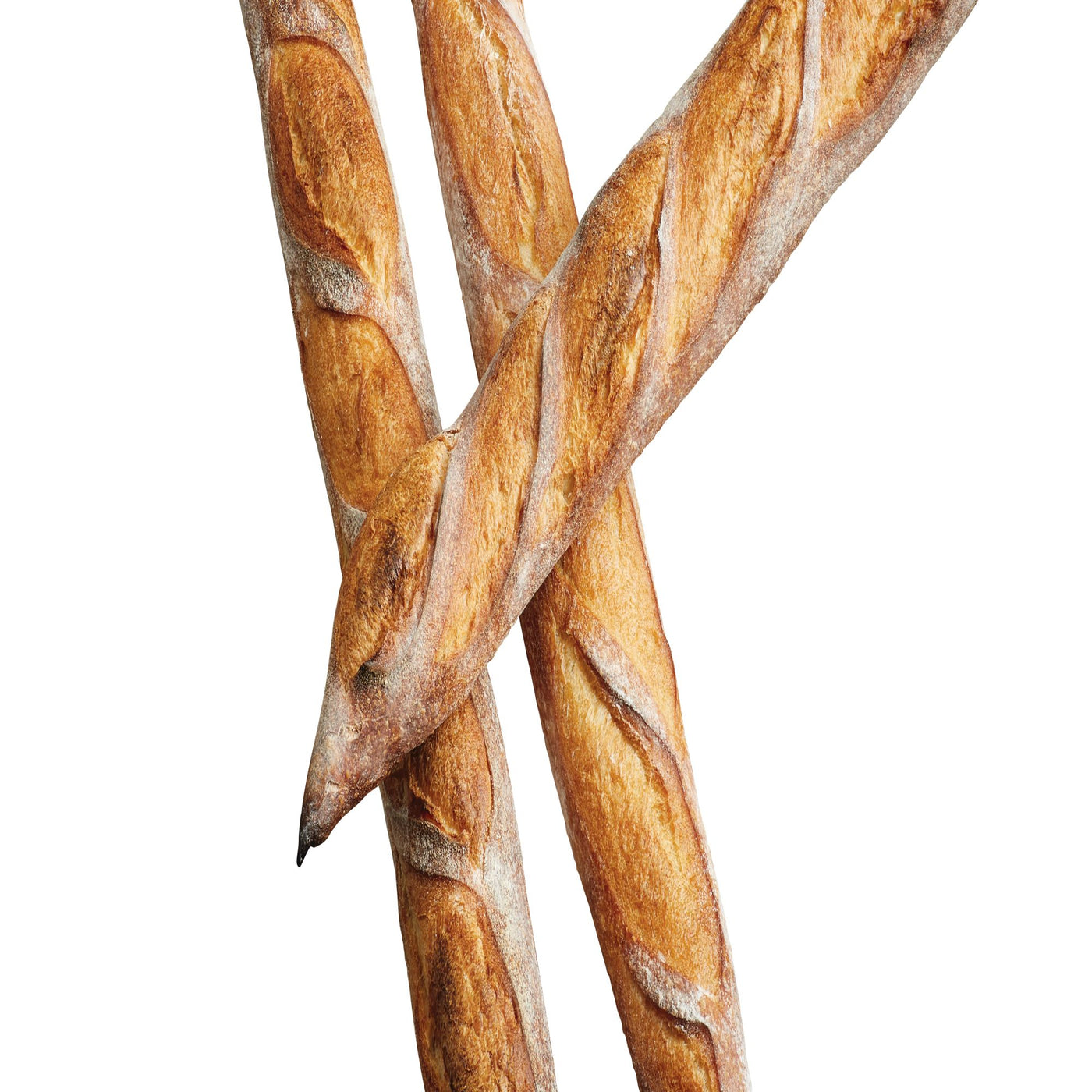 Three crusty baguettes, each with a golden-brown exterior, are arranged in an overlapping pattern on an Advanced Three Channel Baguette Tray. Their diagonal cuts and rustic texture stand out against the white background.