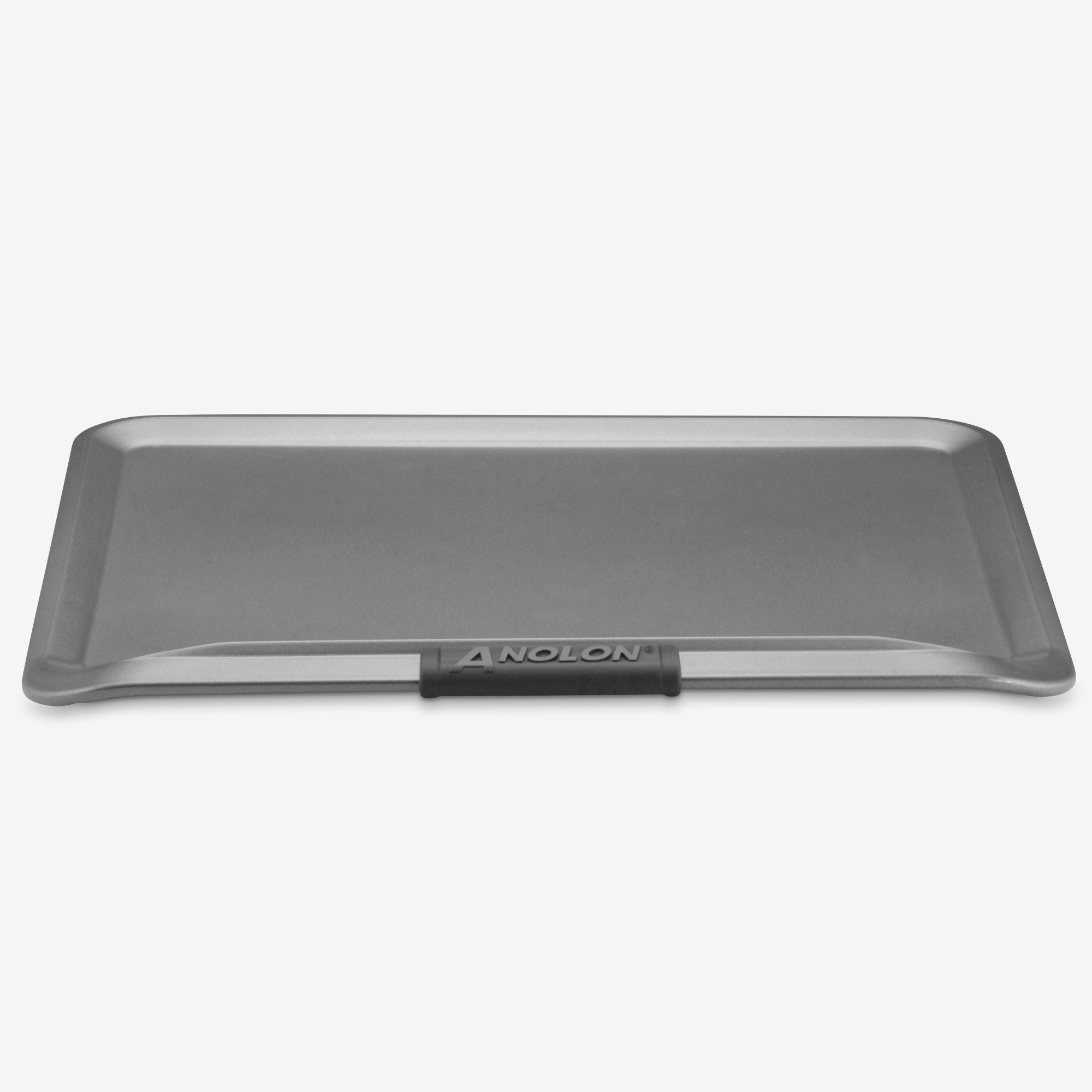 The Advanced 14 x 16-Inch Cookie Sheet with Silicone Grips features raised edges and a black silicone-handled front labeled ANOLON, designed for even heat distribution and shown against a plain white background.