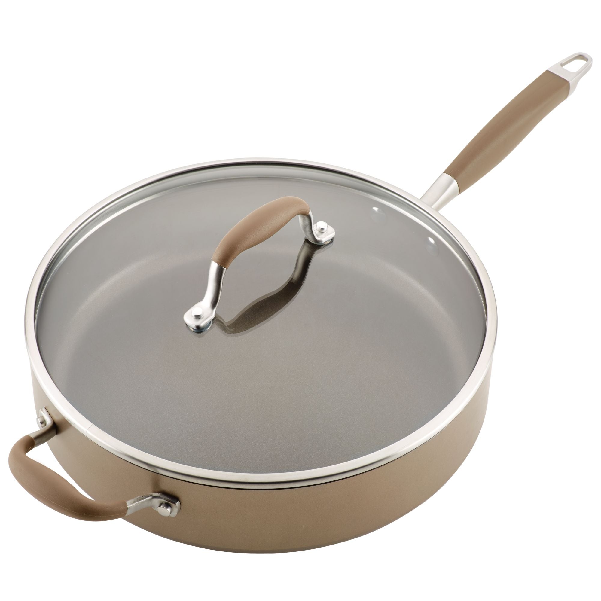 This Advanced Home 5-Quart Sauté Pan includes a beige nonstick finish and comes with a glass lid and handles in matching light brown tones. It also features an additional smaller helper handle on the opposite side for easy lifting.