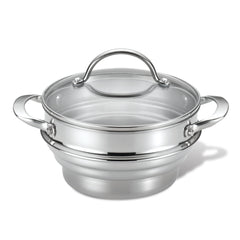 The Tri-Ply Clad Universal Steamer Insert with Lid is a stainless steel steamer pot featuring a shiny finish, two handles, and a transparent glass lid. This dishwasher-safe cookware offers a stackable design and includes a universal steamer insert, making it perfect for steaming vegetables and other foods efficiently.