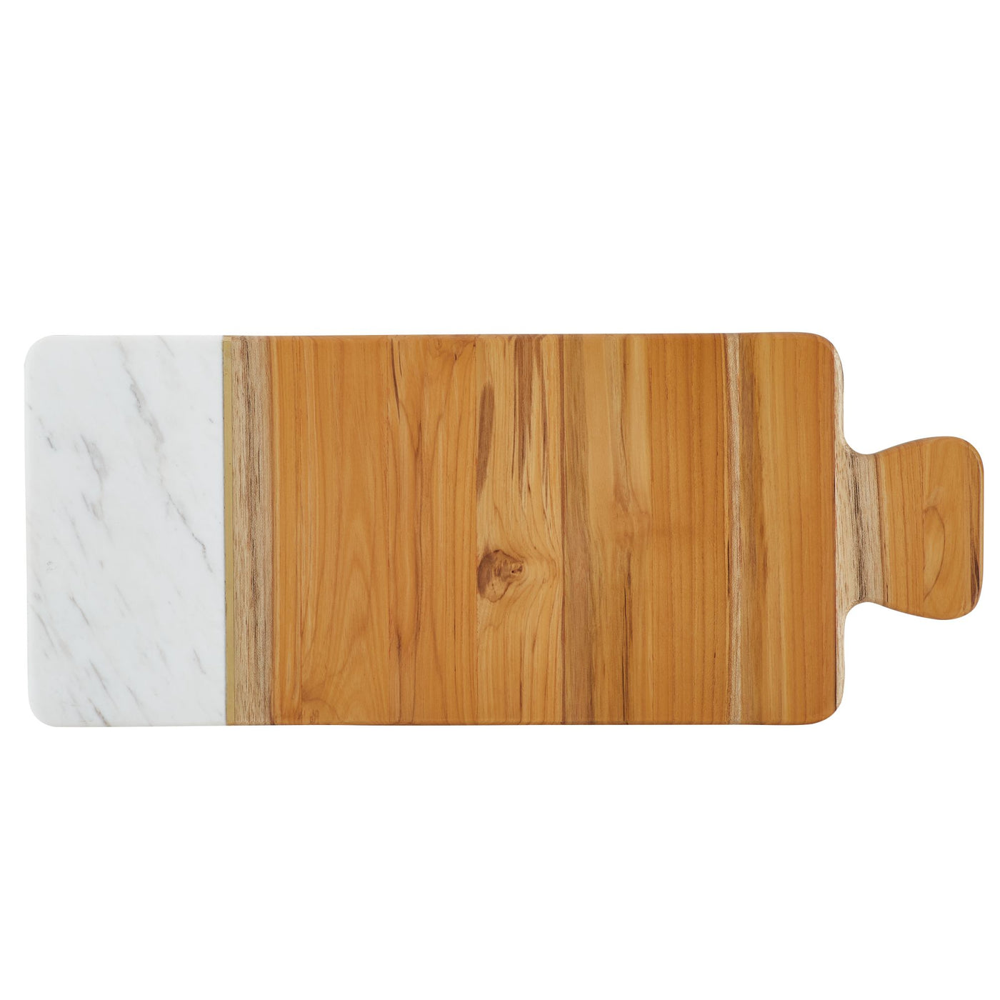 The Pantryware 19.5 x 8-Inch Cutting Board is a rectangular board with wooden and white marble sections plus a handy handle—ideal as a chic teak cutting board for your kitchen or dining table.