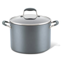 The 10-Quart Stockpot by Advanced Home is a spacious, nonstick gray cooking pot equipped with sturdy metal handles on both sides and a glass lid handle on top. Featuring optimal heat distribution, this wide stockpot is perfect for kitchen use.