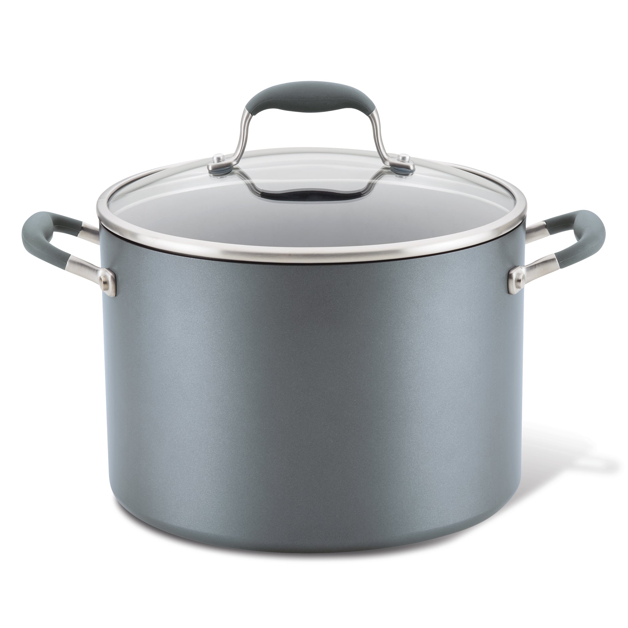 The 10-Quart Stockpot by Advanced Home is a spacious, nonstick gray cooking pot equipped with sturdy metal handles on both sides and a glass lid handle on top. Featuring optimal heat distribution, this wide stockpot is perfect for kitchen use.