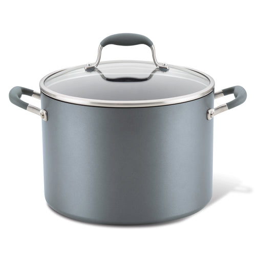 The 10-Quart Stockpot by Advanced Home is a spacious, nonstick gray cooking pot equipped with sturdy metal handles on both sides and a glass lid handle on top. Featuring optimal heat distribution, this wide stockpot is perfect for kitchen use.
