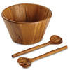 This Salad Serving Set by Pantryware, crafted from teak wood, includes a wooden bowl with a smooth finish and is accompanied by matching fork and spoon. The set's simple, rounded designs are elegantly displayed against a plain white background.