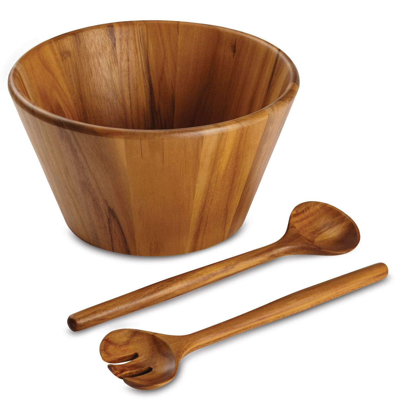 This Salad Serving Set by Pantryware, crafted from teak wood, includes a wooden bowl with a smooth finish and is accompanied by matching fork and spoon. The set's simple, rounded designs are elegantly displayed against a plain white background.
