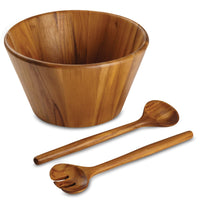 This Salad Serving Set by Pantryware, crafted from teak wood, includes a wooden bowl with a smooth finish and is accompanied by matching fork and spoon. The set's simple, rounded designs are elegantly displayed against a plain white background.