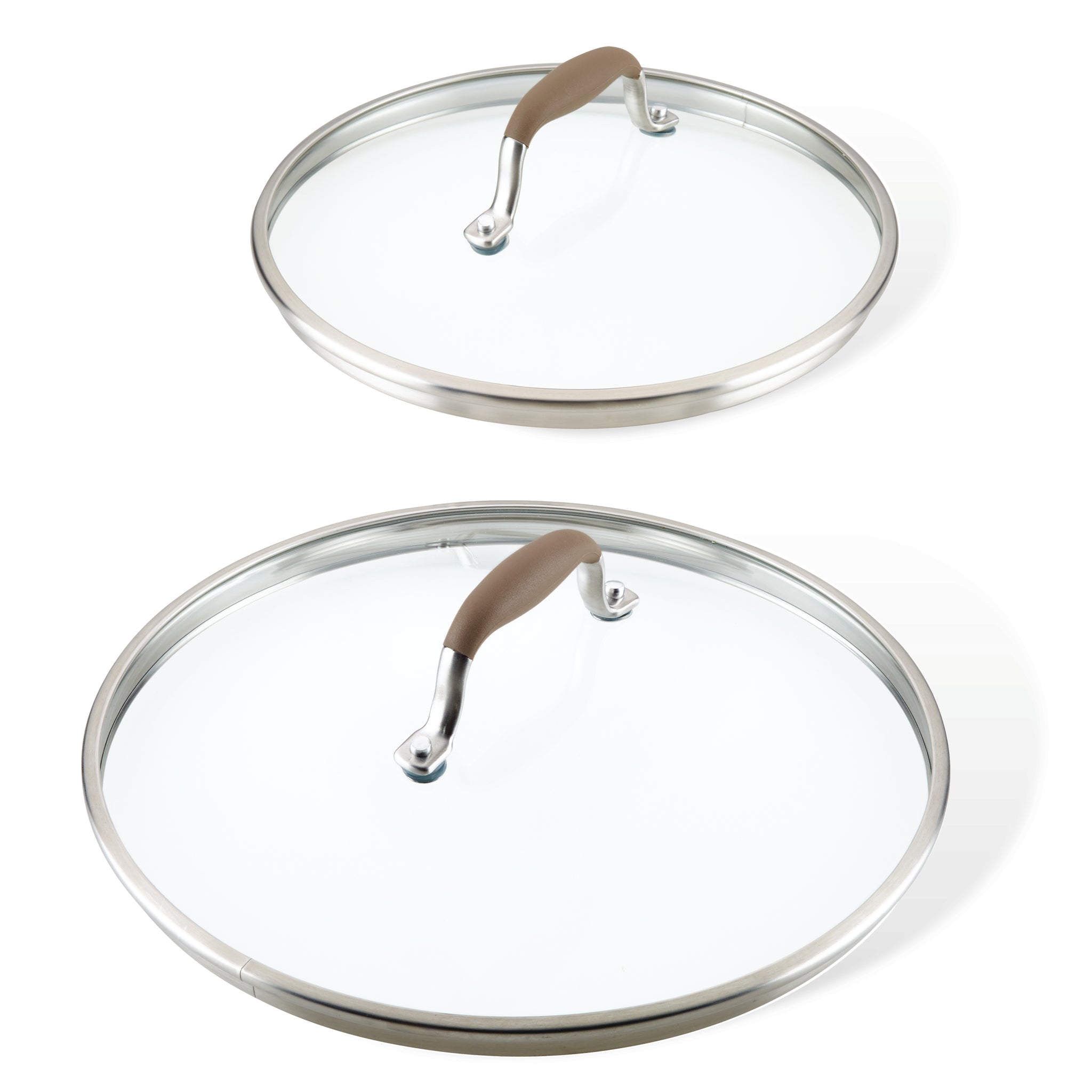 Two glass lids from the Lid Set, featuring stainless steel rims and SureGrip® brown handles, are set against a white background. One lid is larger than the other with elegantly curved handles. These replacement lids from the Advanced Home collection perfectly blend functionality with style.