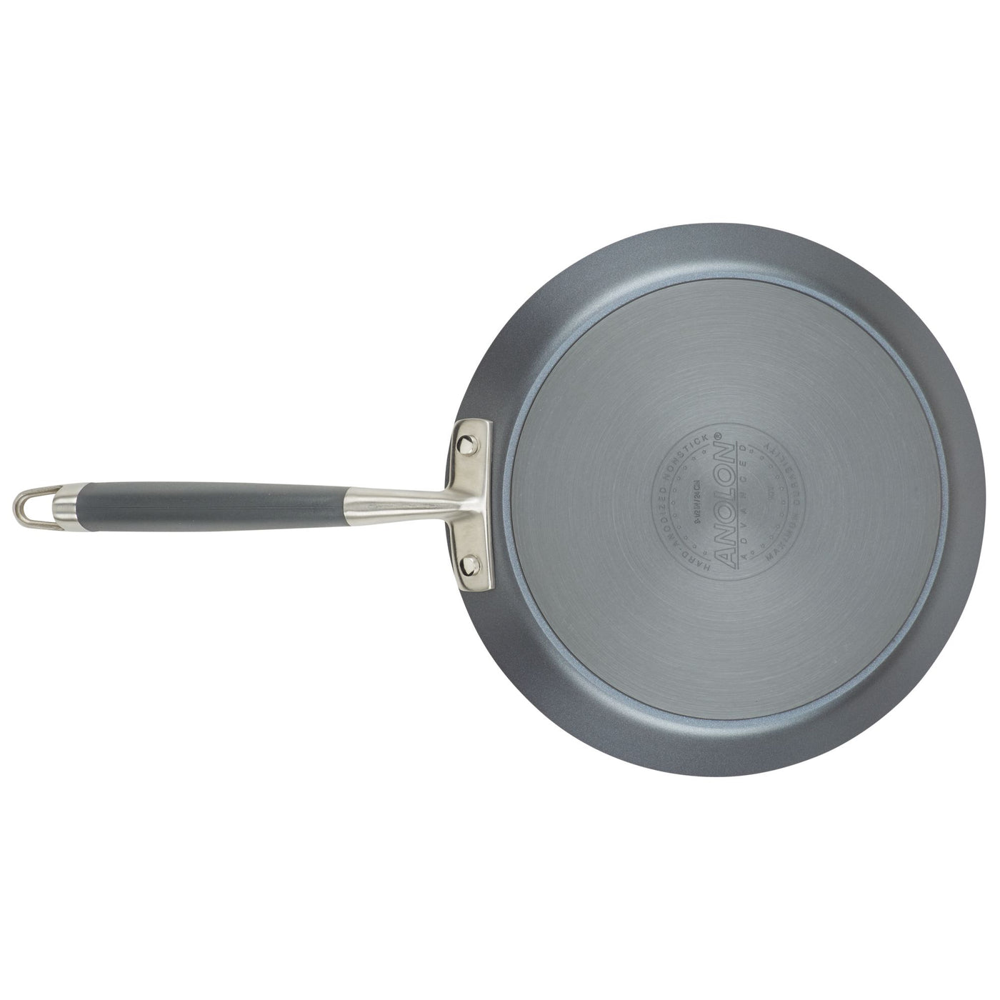 A top-down view of the Advanced Home 9.5-Inch Crepe Pan highlights its non-stick design for effortless cooking, featuring a sleek stainless steel handle. The smooth base proudly displays a circular embossed Advanced Home logo, and the handle is equipped with a loop at the end for convenient hanging. This kitchen essential effortlessly combines functionality with style, making it ideal as a crepe pan.